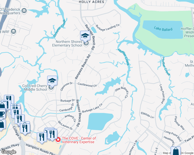 map of restaurants, bars, coffee shops, grocery stores, and more near 6203 Coachman Drive South in Suffolk