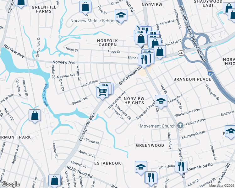 map of restaurants, bars, coffee shops, grocery stores, and more near 3644 Pamlico Circle in Norfolk