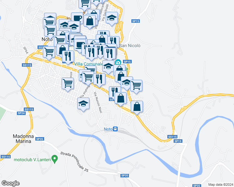 map of restaurants, bars, coffee shops, grocery stores, and more near 83 Viale Principe di Piemonte in Noto