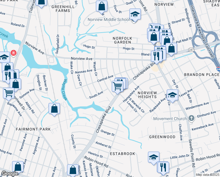 map of restaurants, bars, coffee shops, grocery stores, and more near 3730 Nansemond Circle in Norfolk