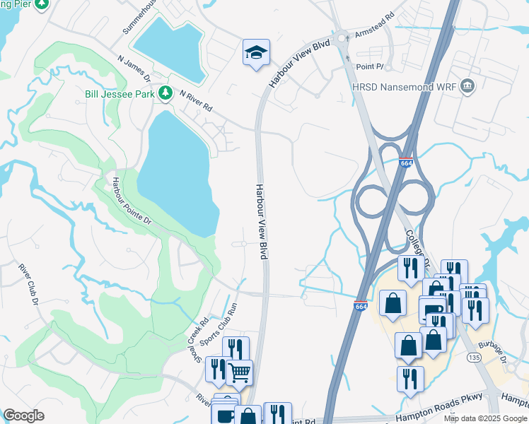 map of restaurants, bars, coffee shops, grocery stores, and more near 6920 Harbour View Boulevard in Suffolk