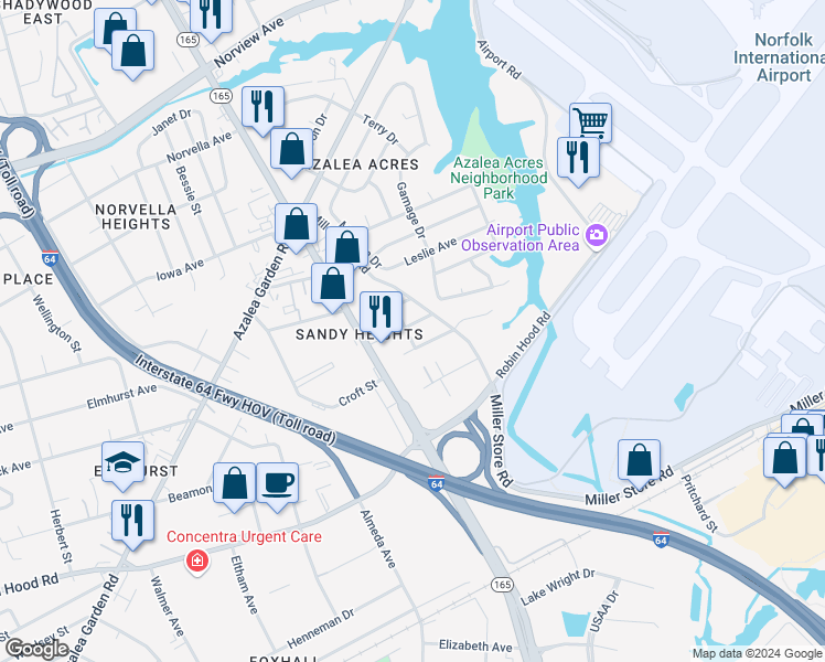 map of restaurants, bars, coffee shops, grocery stores, and more near 3337 Sandy Street in Norfolk
