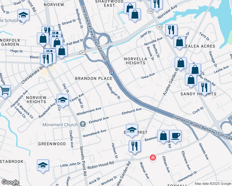 map of restaurants, bars, coffee shops, grocery stores, and more near 5107 Iowa Avenue in Norfolk