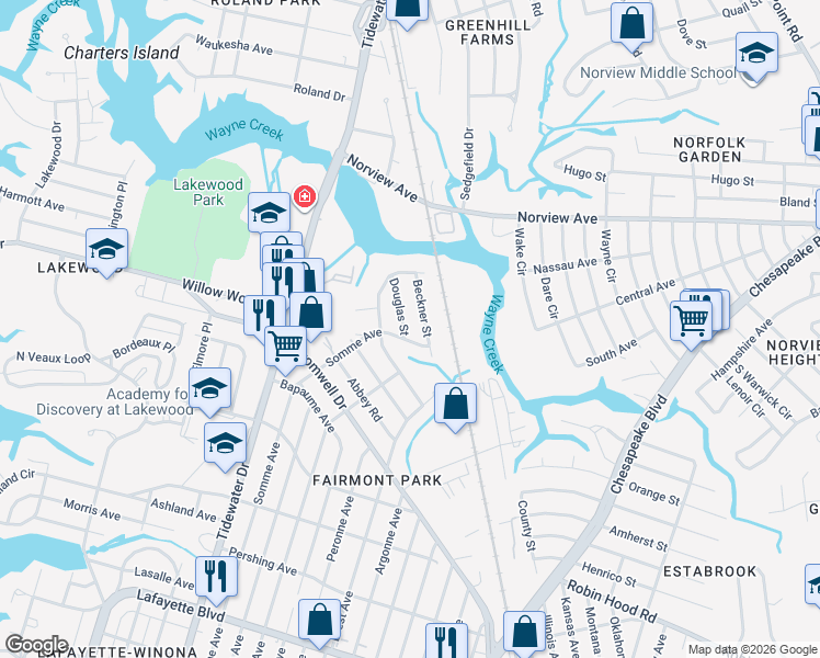 map of restaurants, bars, coffee shops, grocery stores, and more near 5408 Douglas Street in Norfolk