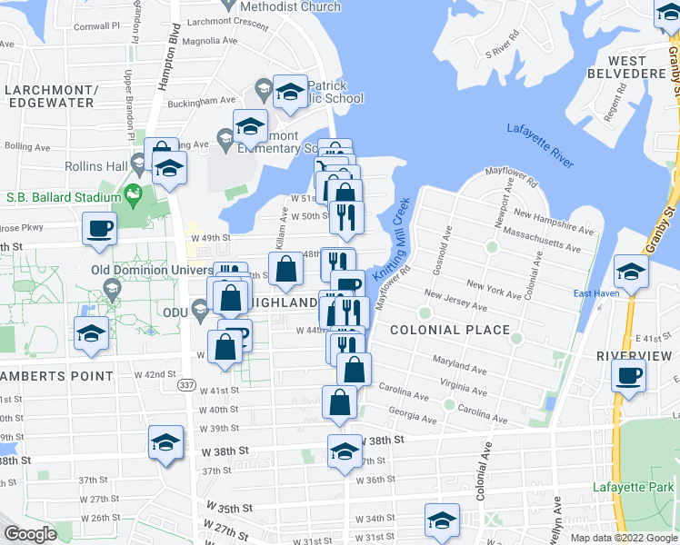 map of restaurants, bars, coffee shops, grocery stores, and more near in Norfolk