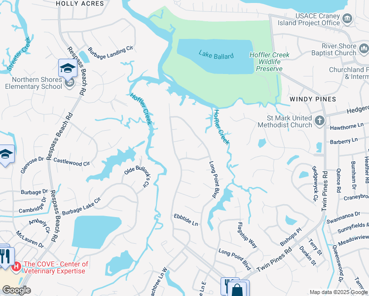 map of restaurants, bars, coffee shops, grocery stores, and more near 6 Paddle Court in Portsmouth