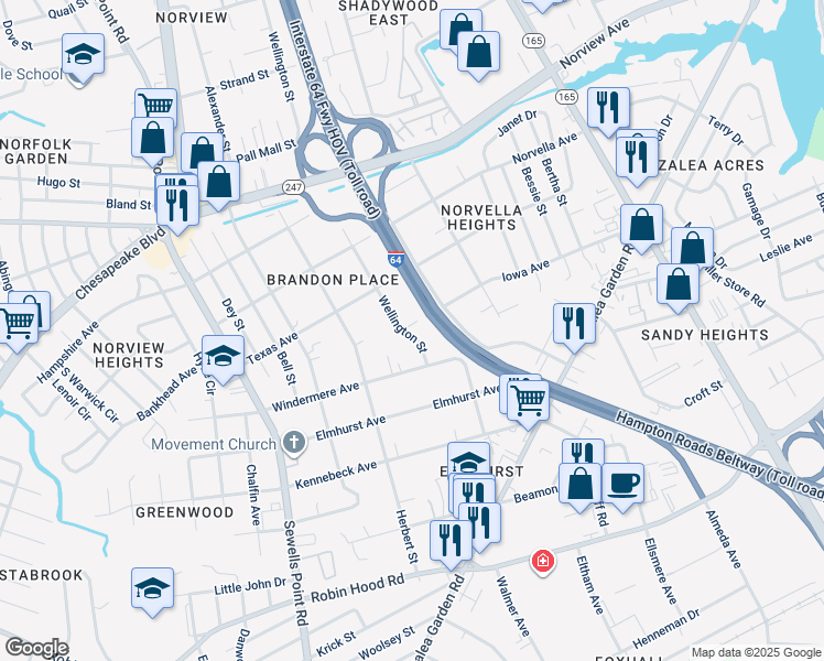 map of restaurants, bars, coffee shops, grocery stores, and more near 5107 Iowa Avenue in Norfolk