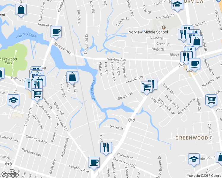 map of restaurants, bars, coffee shops, grocery stores, and more near 3779 Dare Circle in Norfolk