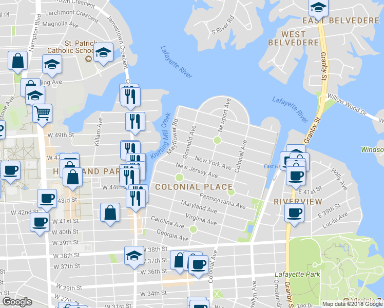 map of restaurants, bars, coffee shops, grocery stores, and more near 636 New York Avenue in Norfolk
