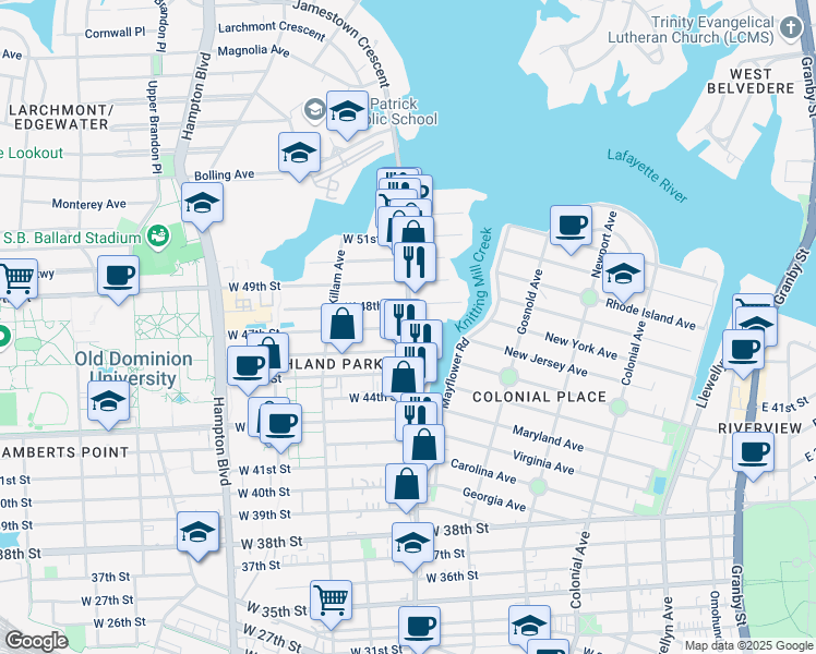 map of restaurants, bars, coffee shops, grocery stores, and more near in Norfolk