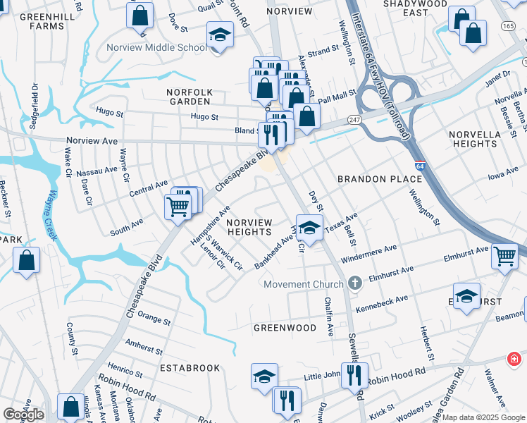 map of restaurants, bars, coffee shops, grocery stores, and more near 3624 Sharpley Avenue in Norfolk