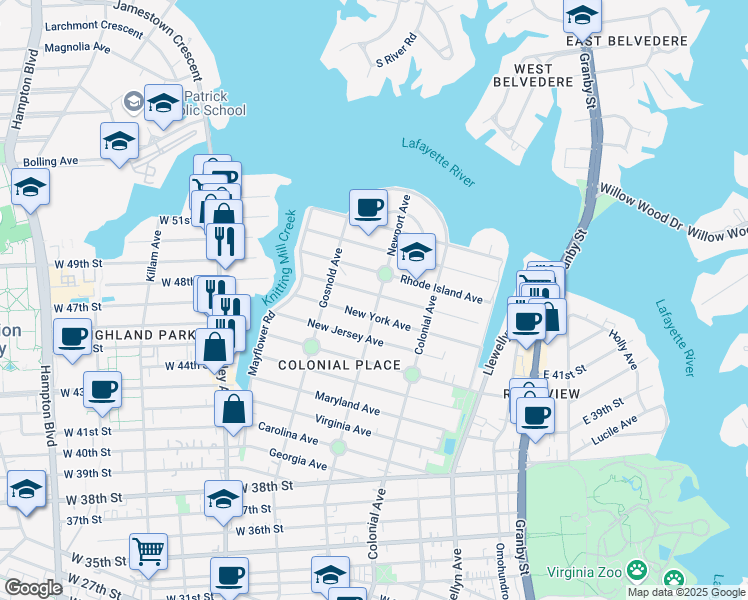 map of restaurants, bars, coffee shops, grocery stores, and more near 4715 Newport Avenue in Norfolk