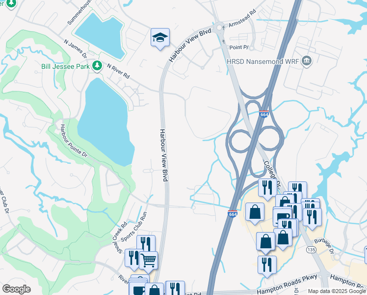 map of restaurants, bars, coffee shops, grocery stores, and more near 6920 Harbour View Boulevard in Suffolk