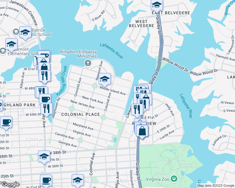 map of restaurants, bars, coffee shops, grocery stores, and more near 433 Rhode Island Avenue in Norfolk