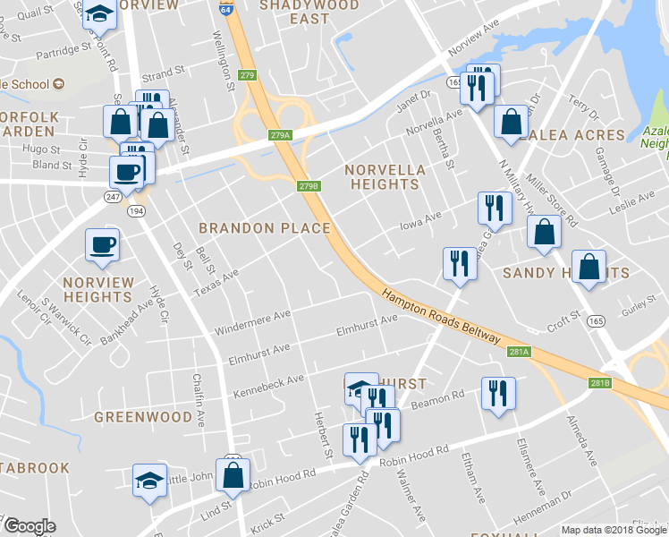 map of restaurants, bars, coffee shops, grocery stores, and more near 5107 Iowa Avenue in Norfolk