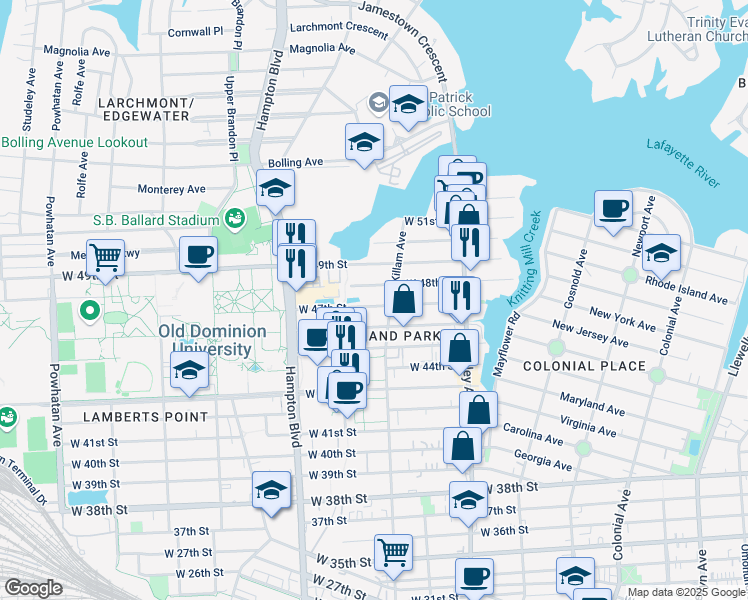 map of restaurants, bars, coffee shops, grocery stores, and more near 1016 West 47th Street in Norfolk