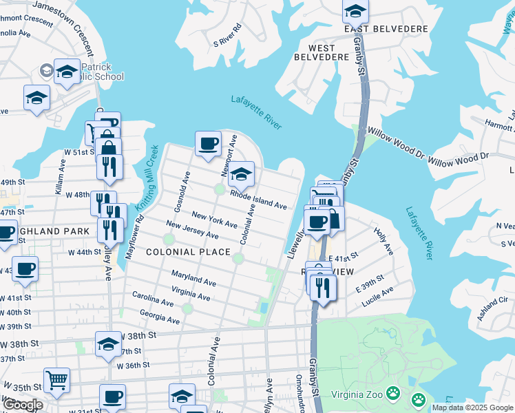 map of restaurants, bars, coffee shops, grocery stores, and more near 4808 Colonial Avenue in Norfolk
