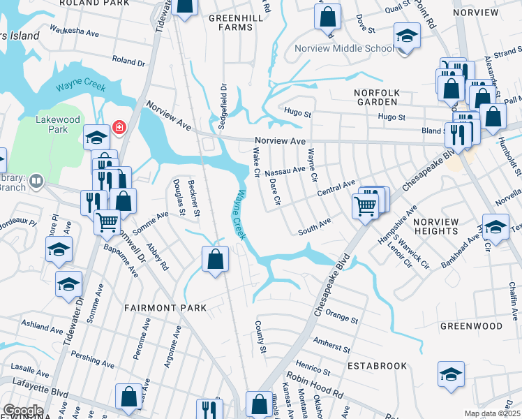 map of restaurants, bars, coffee shops, grocery stores, and more near 3805 Wake Circle in Norfolk