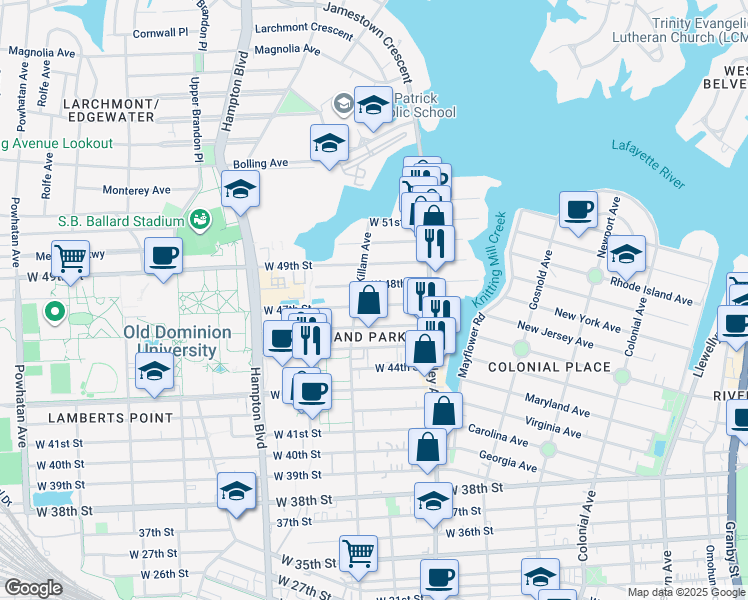 map of restaurants, bars, coffee shops, grocery stores, and more near 854 West 47th Street in Norfolk