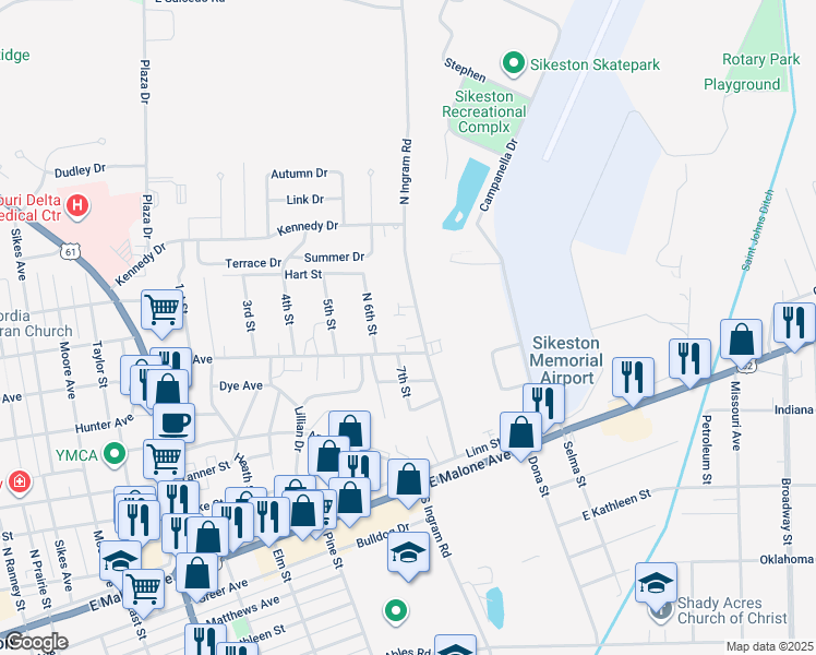 map of restaurants, bars, coffee shops, grocery stores, and more near 415 North Ingram Road in Sikeston