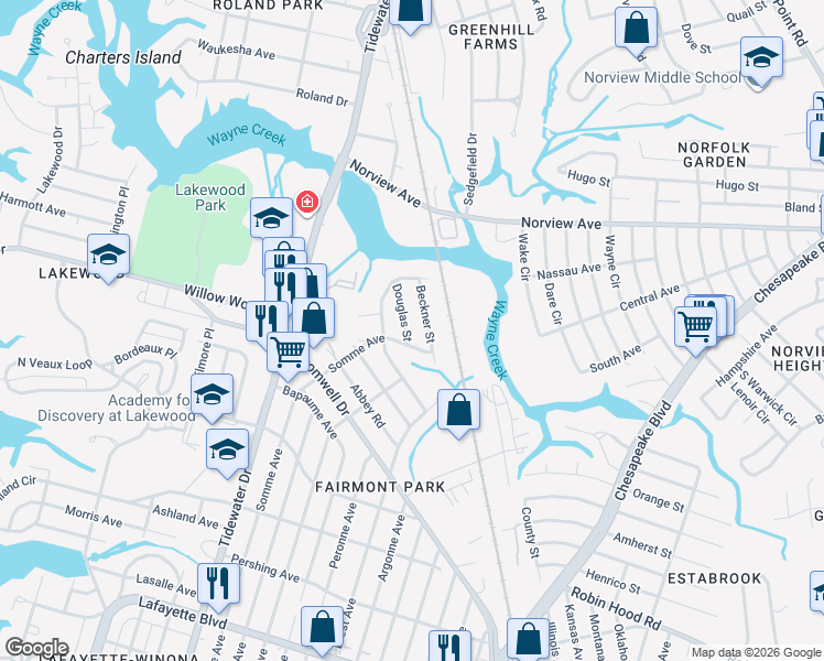 map of restaurants, bars, coffee shops, grocery stores, and more near 5408 Douglas Street in Norfolk