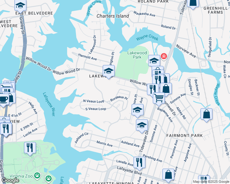 map of restaurants, bars, coffee shops, grocery stores, and more near 3544 Kilmer Lane in Norfolk
