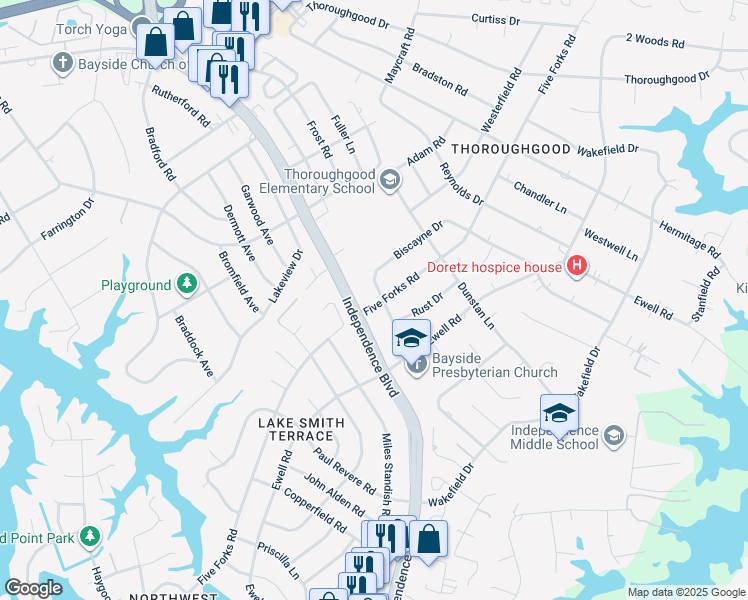 map of restaurants, bars, coffee shops, grocery stores, and more near 1449 5 Forks Road in Virginia Beach