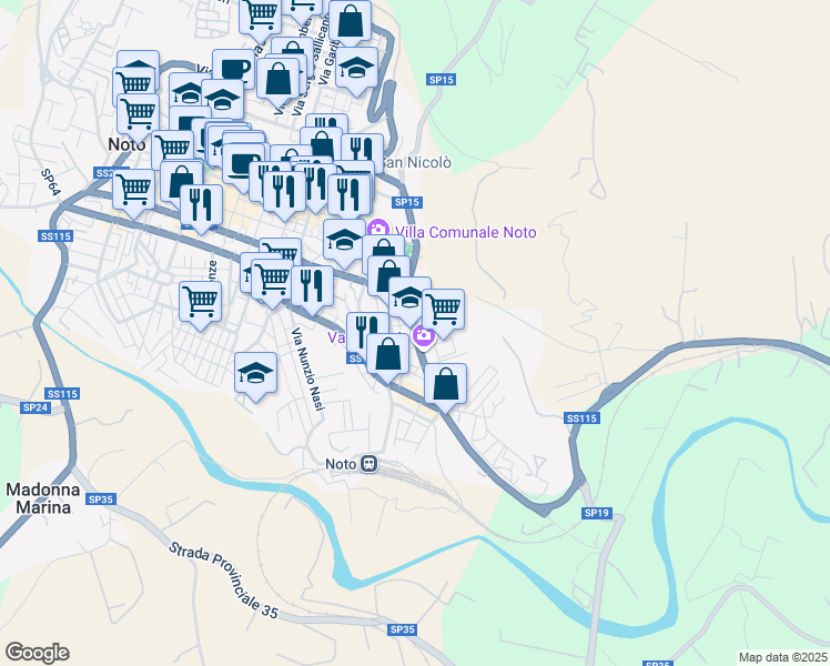 map of restaurants, bars, coffee shops, grocery stores, and more near 54 Via Napoli in Noto
