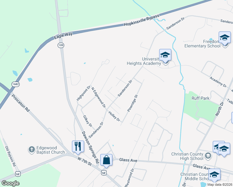 map of restaurants, bars, coffee shops, grocery stores, and more near 600-608 Sanderson Drive in Hopkinsville