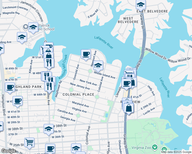map of restaurants, bars, coffee shops, grocery stores, and more near 522 Connecticut Avenue in Norfolk