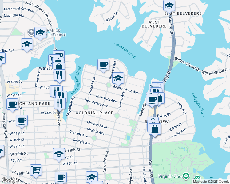 map of restaurants, bars, coffee shops, grocery stores, and more near 524 Connecticut Avenue in Norfolk