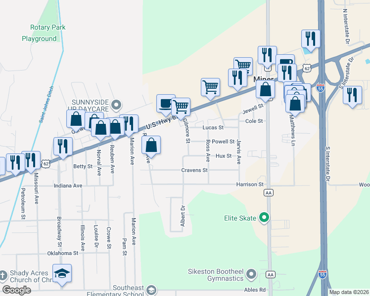 map of restaurants, bars, coffee shops, grocery stores, and more near 309 Gilmore Street in Sikeston