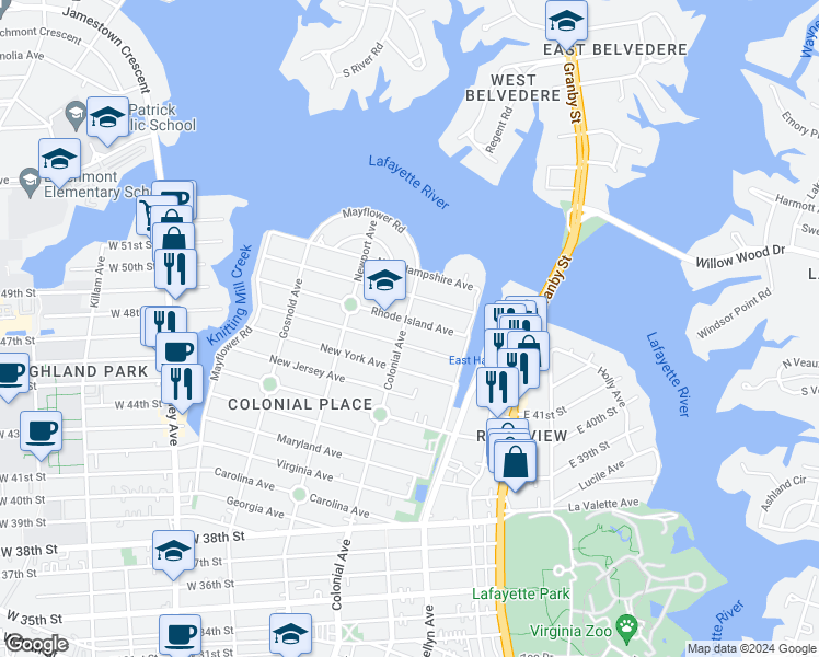 map of restaurants, bars, coffee shops, grocery stores, and more near 4810 Colonial Avenue in Norfolk