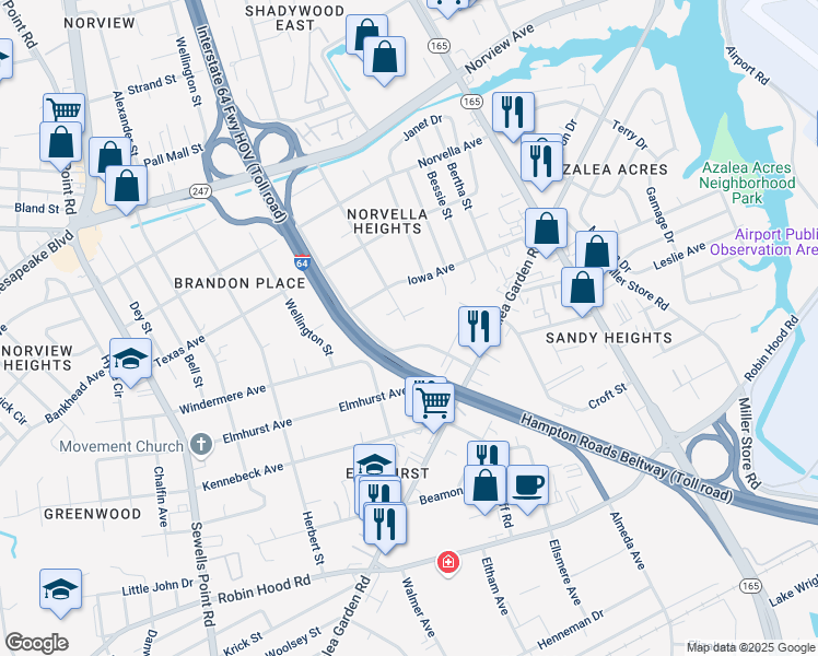 map of restaurants, bars, coffee shops, grocery stores, and more near 3417 Johns Street in Norfolk