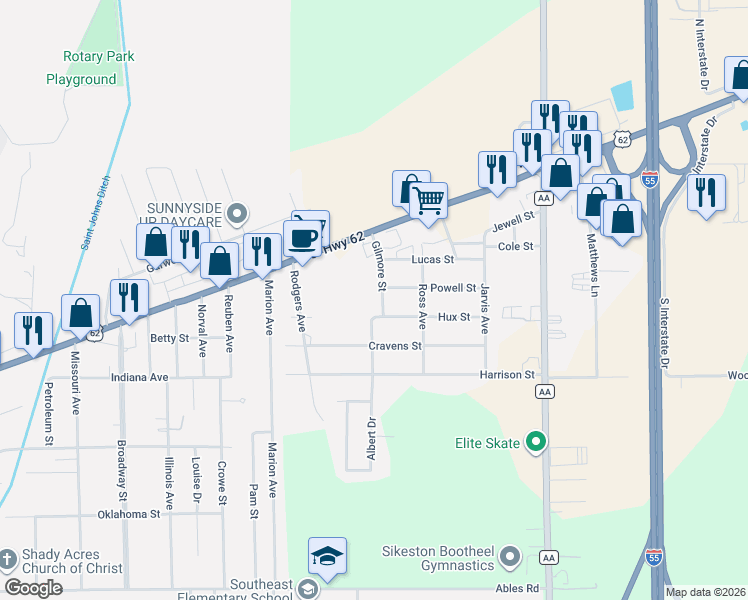 map of restaurants, bars, coffee shops, grocery stores, and more near 309 Gilmore Street in Sikeston