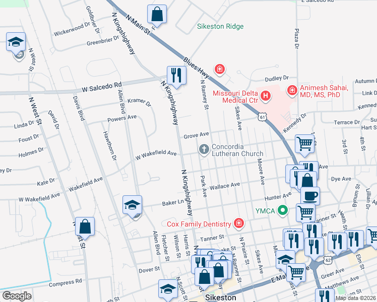 map of restaurants, bars, coffee shops, grocery stores, and more near 110 East Wakefield Avenue in Sikeston