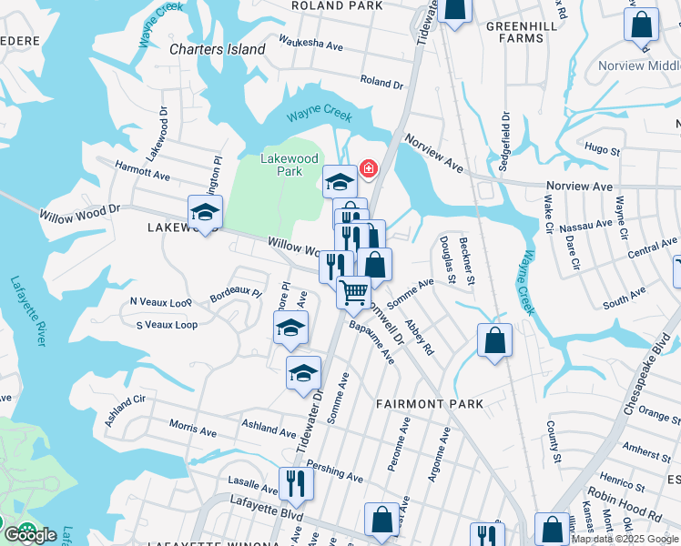map of restaurants, bars, coffee shops, grocery stores, and more near 1717 Cromwell Drive in Norfolk