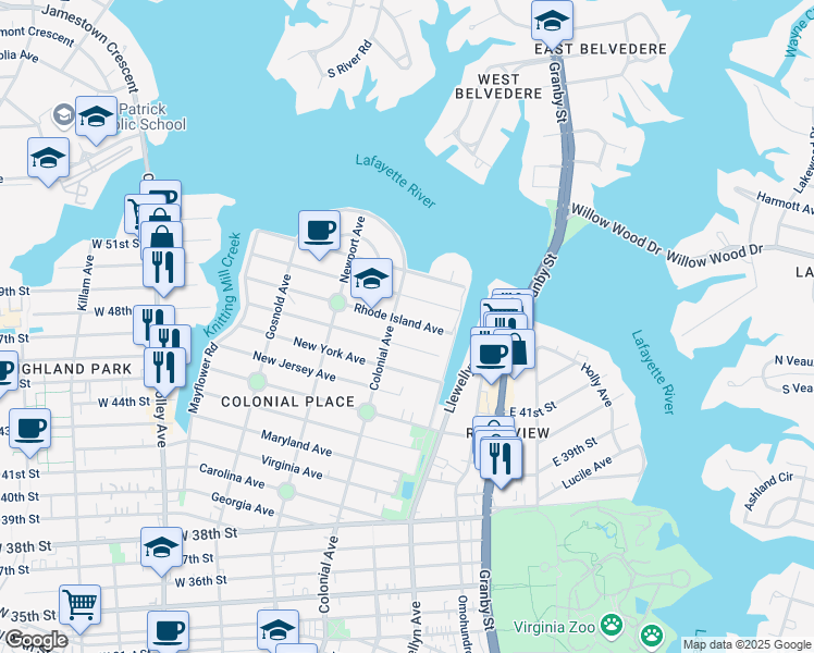 map of restaurants, bars, coffee shops, grocery stores, and more near 443 Rhode Island Avenue in Norfolk