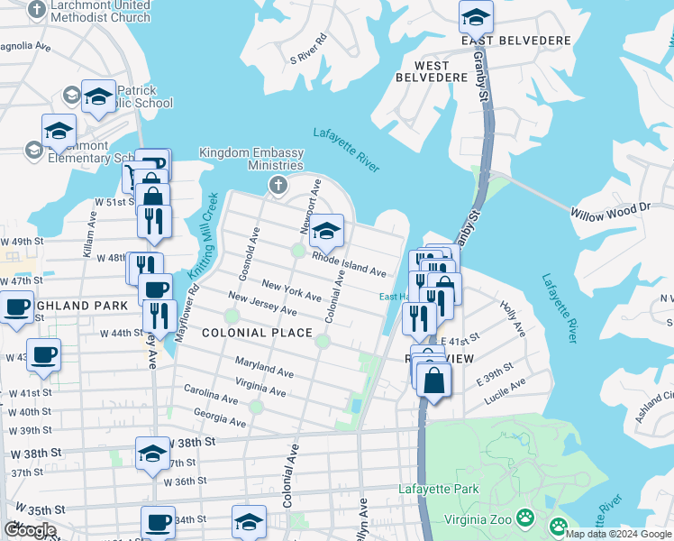map of restaurants, bars, coffee shops, grocery stores, and more near 4808 Colonial Avenue in Norfolk