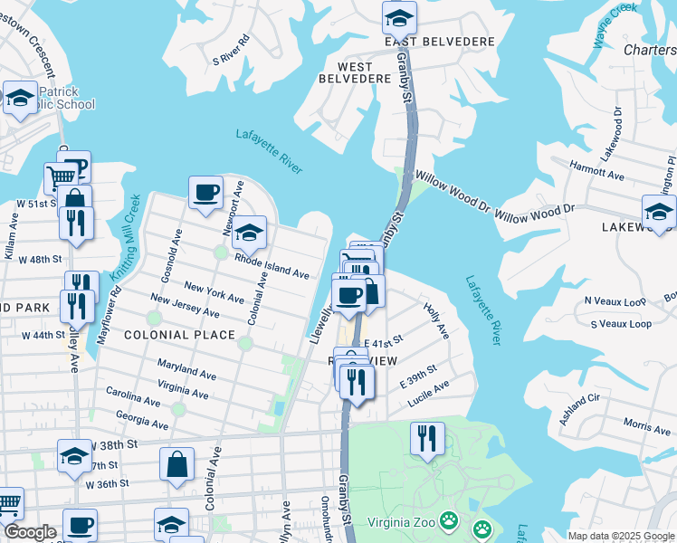 map of restaurants, bars, coffee shops, grocery stores, and more near 4253 Llewellyn Avenue in Norfolk