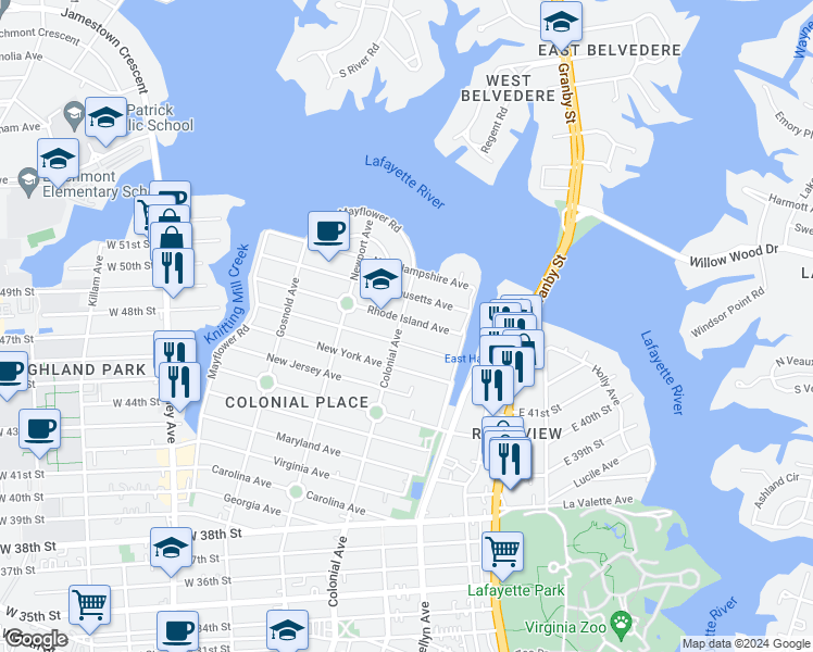 map of restaurants, bars, coffee shops, grocery stores, and more near 4812 Colonial Avenue in Norfolk