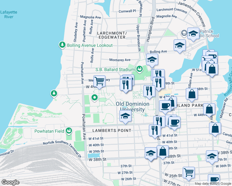 map of restaurants, bars, coffee shops, grocery stores, and more near 4810 Elkhorn Avenue in Norfolk