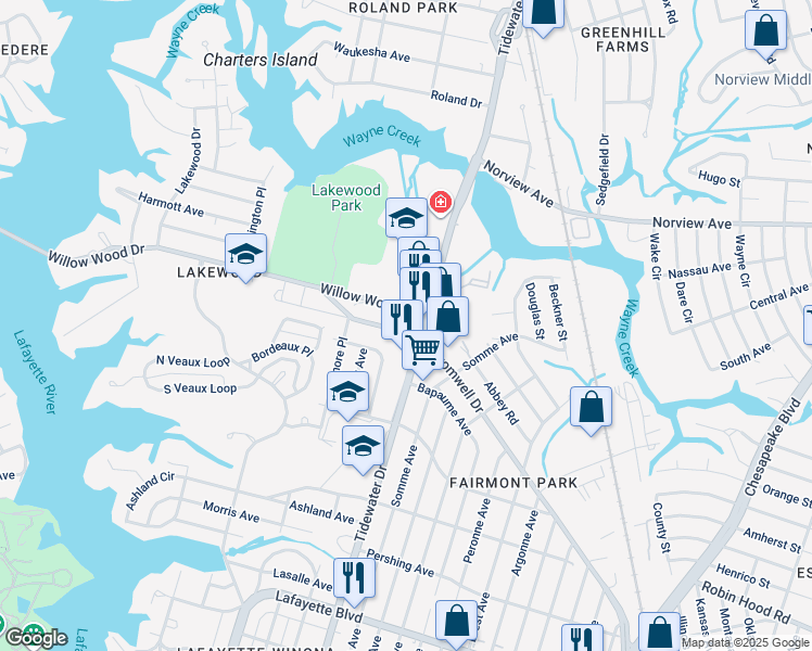 map of restaurants, bars, coffee shops, grocery stores, and more near 1717 Cromwell Drive in Norfolk