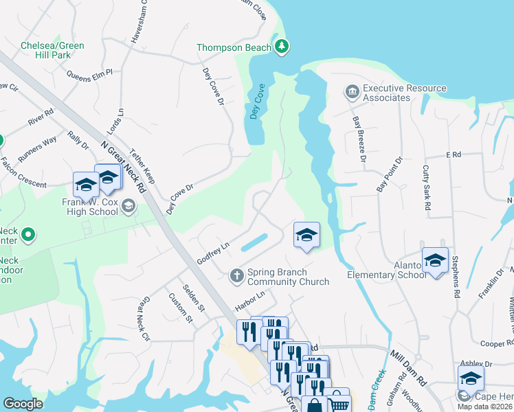 map of restaurants, bars, coffee shops, grocery stores, and more near 2201 Souverain Lane in Virginia Beach