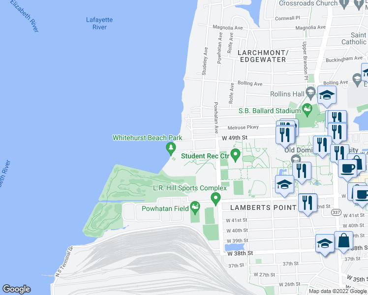 map of restaurants, bars, coffee shops, grocery stores, and more near 1715 West 48th Street in Norfolk