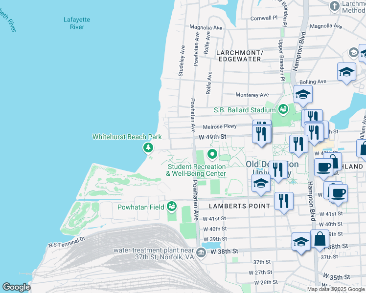 map of restaurants, bars, coffee shops, grocery stores, and more near 1620 West 48th Street in Norfolk