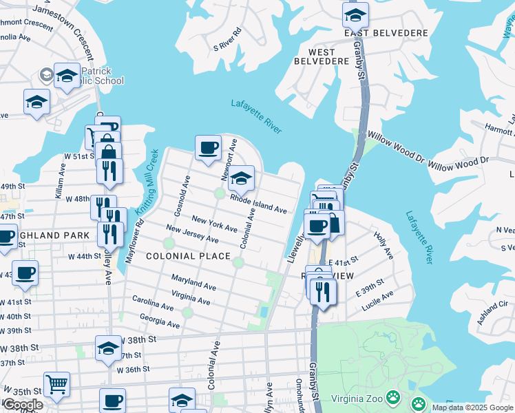 map of restaurants, bars, coffee shops, grocery stores, and more near 4814 Colonial Avenue in Norfolk