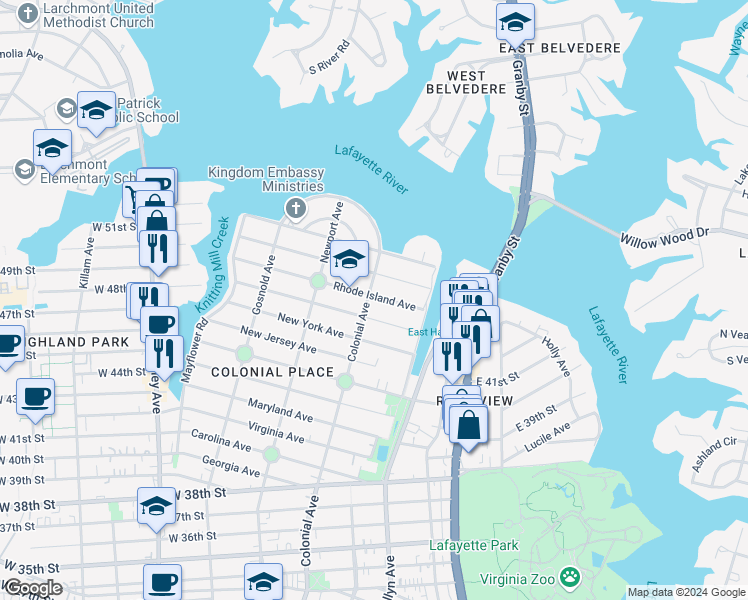 map of restaurants, bars, coffee shops, grocery stores, and more near 4814 Colonial Avenue in Norfolk