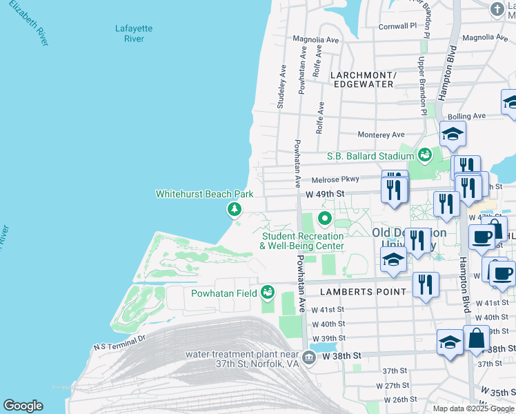 map of restaurants, bars, coffee shops, grocery stores, and more near 1708 West 48th Street in Norfolk
