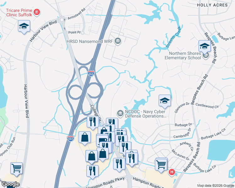 map of restaurants, bars, coffee shops, grocery stores, and more near 116 Lake View Parkway in Suffolk